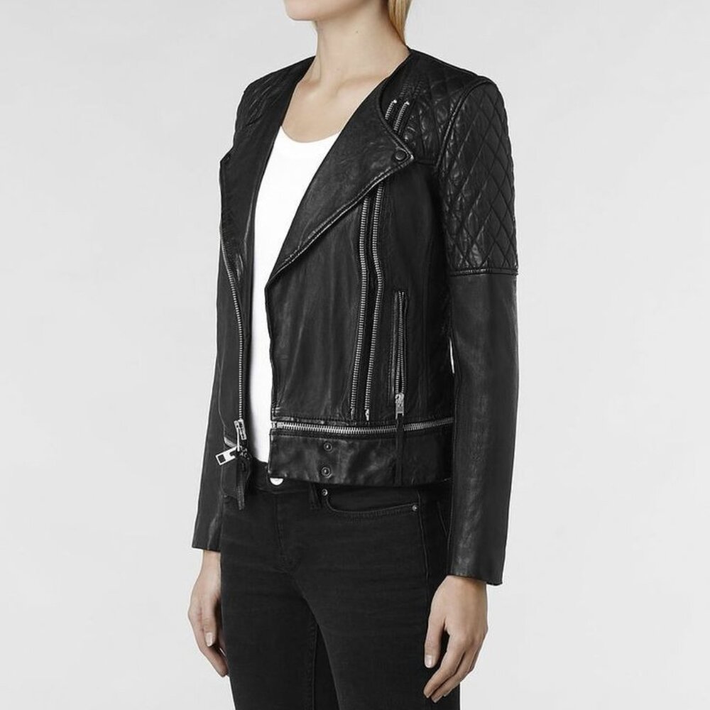 AllSaints Runnell Quilted Leather Biker Jacket Women's Size 2